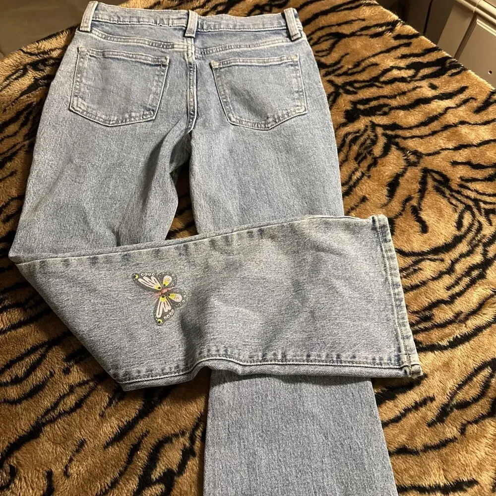 Girl’s Size 14 High Rise Flare Jeans Old Navy Butterfly Embroidered NWT School